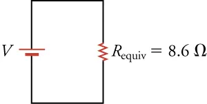 The simplified circuit diagram with one resistor equivalent to the original five resistors.