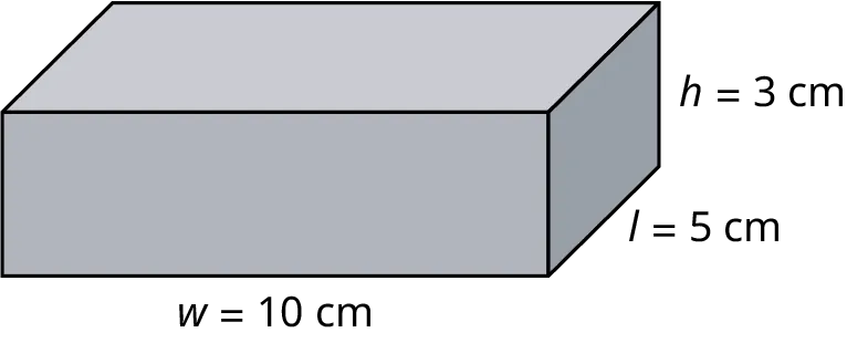 A rectangular prism with its length, width, and height marked l equals 5 centimeters, w equals 10 centimeters, and h equals 3 centimeters.