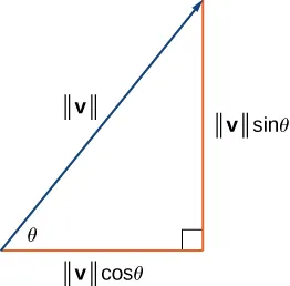 This figure is a right triangle. There is an angle labeled theta. The two sides are labeled “magnitude of v times cosine theta” and “magnitude of v times sine theta.” The hypotenuse is labeled “magnitude of v.”