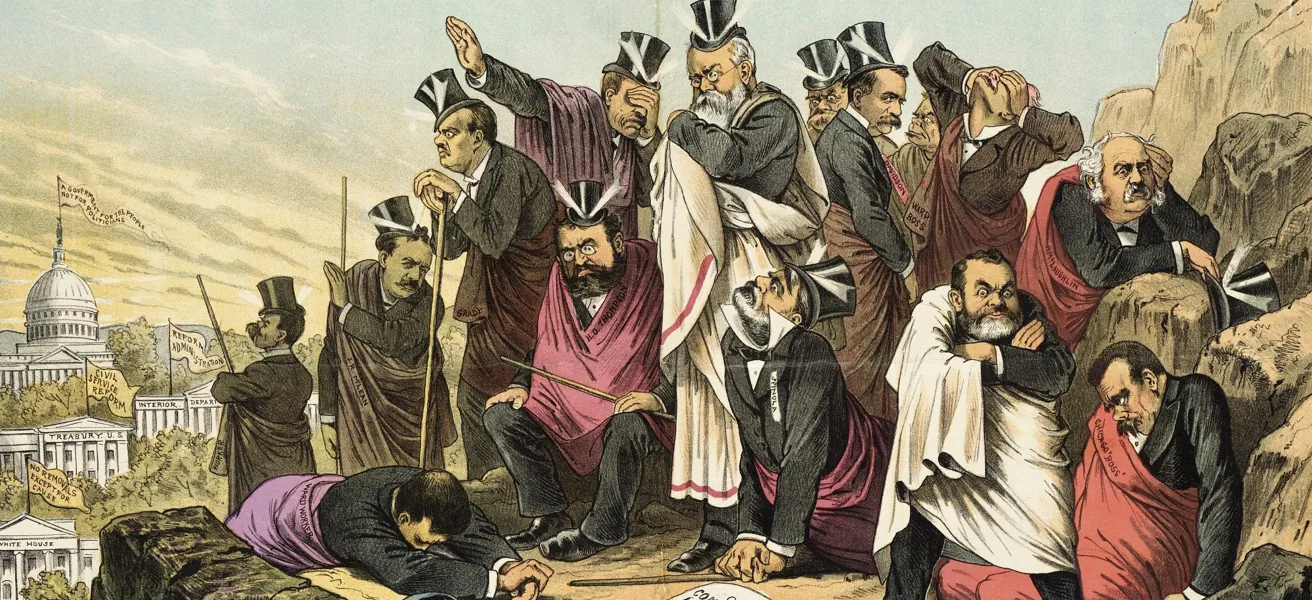 A cartoon featuring a group of dejected former bureaucrats wrapped in blankets, huddling together on a rocky cliff. The United States Capitol is visible in the distant background.