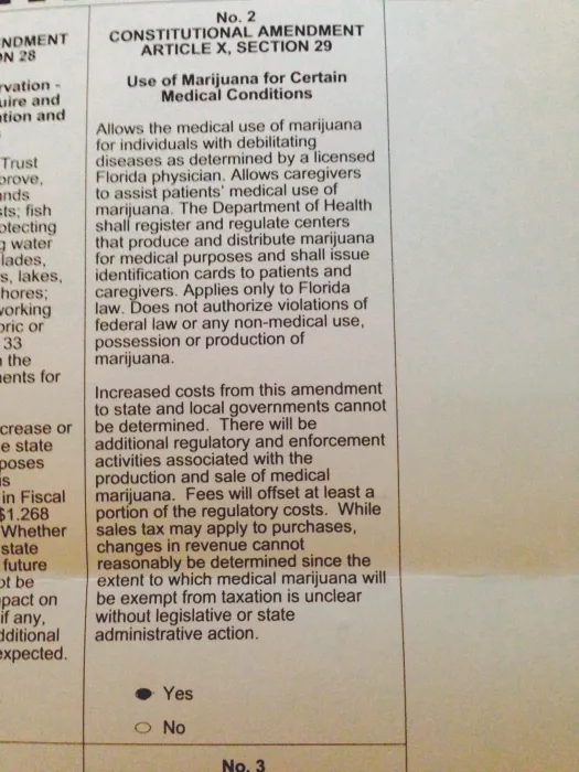 A image of a ballot that reads “No. 2 Constitutional Amendment Article X, Section 29. Use of Marijuana for Certain Medical Conditions.”