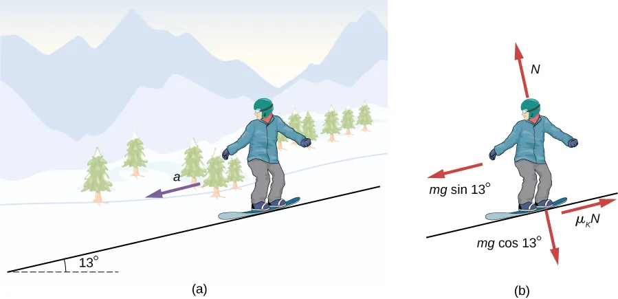 Figure (a) shows an illustration of a snowboarder on a slope inclined at 13 degrees above the horizontal. An arrow indicates an acceleration, a, downslope. Figure (b) shows the free body diagram of the snowboarder. The forces are  m g cosine 13 degrees into the slope, perpendicular to the surface, N, out of the slope, perpendicular to the surface, m g sine 13 degrees downslope parallel to the surface and mu sub k times N, upslope parallel to the surface.