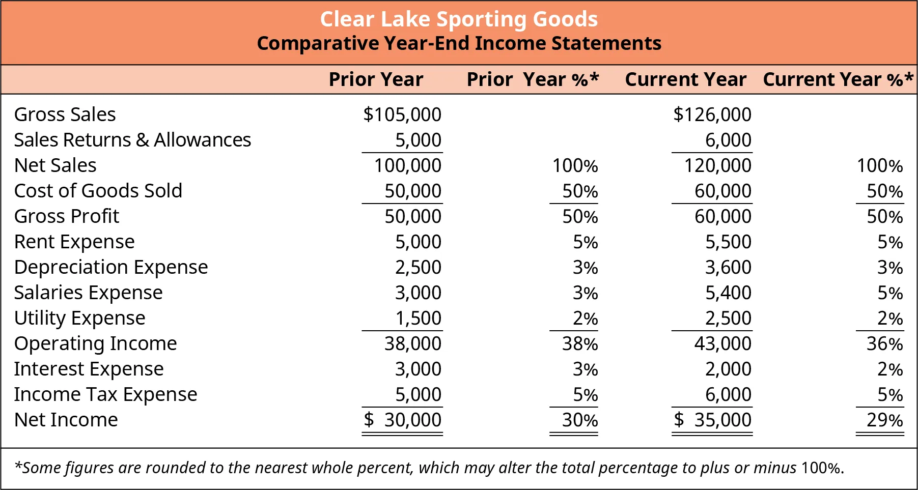 A comparative common size year-end income statement for Clear Lake Sporting Goods shows gross sales, sales returns and allowances, net sales, cost of goods sold, gross profit, the company's expenses, and net income for the prior and current year. Each line item except for gross sales and sales returns and allowances is represented as both a dollar figure and a percent of the total assets or liabilities.