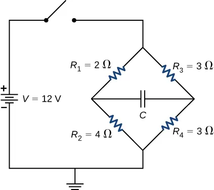 El terminal positivo de la fuente de voltaje V de 12 V está conectado a un interruptor abierto. El otro extremo del interruptor está conectado a dos ramas paralelas. La primera rama tiene resistores R subíndice 2 de 2 Ω y R subíndice 2 de 4 Ω. La segunda rama tiene resistores R subíndice 3 de 3 Ω y R subíndice 4 de 3 Ω. Las dos ramas se conectan en el centro mediante el condensador C. Los otros extremos de las ramas están conectados a tierra.