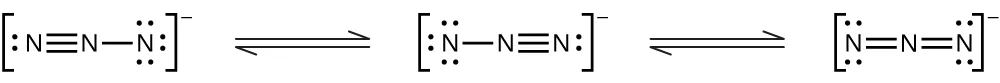 Se muestran tres estructuras de Lewis conectadas por flechas de doble punta entre ellas. La estructura de la izquierda muestra un átomo de nitrógeno con un par solitario de electrones triplemente enlazado a un segundo nitrógeno que tiene un enlace simple a un tercer nitrógeno. El tercer nitrógeno tiene tres pares solitarios de electrones. Toda la estructura está rodeada de corchetes, y fuera y en superíndice a los corchetes hay un signo negativo. La estructura del medio muestra un átomo de nitrógeno con tres pares solitarios de electrones que tiene un enlace simple con un segundo nitrógeno que está triplemente enlazado a un tercer nitrógeno. El tercer nitrógeno tiene un par solitario de electrones. Toda la estructura está rodeada de corchetes, y fuera y en superíndice a los corchetes hay un signo negativo. La estructura de la derecha muestra un átomo de nitrógeno con dos pares solitarios de electrones doblemente enlazado a un segundo nitrógeno que está doblemente enlazado a un tercer nitrógeno. El tercer átomo de nitrógeno tiene dos pares solitarios de electrones. Toda la estructura está rodeada de corchetes, y fuera y en superíndice a los corchetes hay un signo negativo.