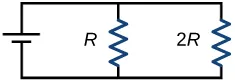 A circuit is shown that has nothing on the top or bottom, a battery to the left, and 2R resistor on the right. Additionally, there is an R resistor connecting the top and bottom of the circuit between the left and right sides of the circuit.