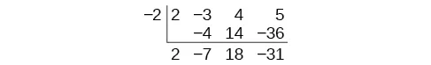 Synthetic division of the polynomial 2x^3-3x^2+4x+5 by x+2 in which it only contains the coefficients of each polynomial.