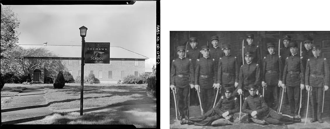Left: A sign on a lamp post reading “Chemawa School” in front of a large, two-story brick building.; Right: A group of 14 young men dressed in military uniform posing for a picture. All are holding swords.