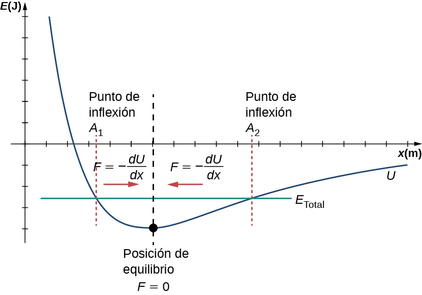 Un gráfico anotado de E en julios en el eje vertical como una función de x en metros en el eje horizontal. El potencial de Lennard-Jones, U, se muestra como una curva azul que es grande y positiva en x pequeño. Disminuye rápidamente, se vuelve negativo y continúa disminuyendo hasta alcanzar un valor mínimo en una posición marcada como posición de equilibrio, F = 0, luego aumenta gradualmente y se aproxima asintóticamente a E = 0, pero sigue siendo negativo. Una línea verde horizontal de valor constante y negativo identificada como E total. Las curvas E total y U verdes y azules se cruzan en dos puntos. El valor x del cruce a la izquierda de la posición de equilibrio está identificado como punto de inflexión, menos A, y el cruce a la derecha de la posición de equilibrio está identificado como punto de inflexión, más A. La región del gráfico a la izquierda de la posición de equilibrio está identificada con una flecha roja que señala a la derecha y la ecuación F es igual a menos la derivada de U con respecto a. La región del gráfico a la derecha de la posición de equilibrio está identificada con una flecha roja que señala a la izquierda y la ecuación F es igual a menos la derivada de U con respecto a x.