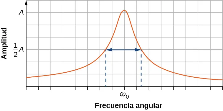 Un gráfico de amplitud versus frecuencia angular. La curva es simétrica y tiene un pico, con una amplitud máxima de A en una frecuencia identificada como omega sub cero. Se indica la anchura de la curva, en la que la amplitud es una mitad A a cada lado del máximo.