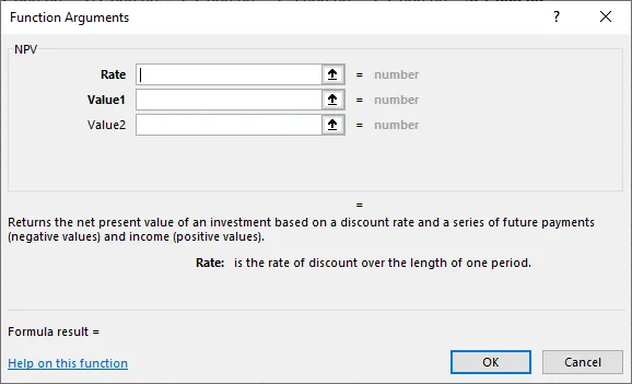 The NPV function in Excel shows drop-down menus where you can enter numerical values for Rate, Value 1, and Value 2.