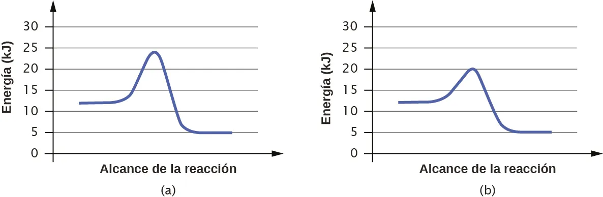 Figura que muestra dos gráficos. Los ejes de la x están etiquetados como "Extensión de la reacción" y los ejes de la y como "Energía ( k J )". El eje y del primer gráfico está marcado de 0 a 30 en intervalos de 5. El eje y del segundo gráfico está marcado de 0 a 25 en intervalos de 5. En a, se muestra una curva azul. Comienza con una región horizontal en torno a 12. A continuación, la curva sube bruscamente cerca de la mitad para alcanzar un máximo de aproximadamente 24 y, del mismo modo, baja hasta otro segmento horizontal en 5. En b, la curva comienza y termina de forma similar, pero el máximo alcanzado cerca del centro del gráfico es solo de 20.