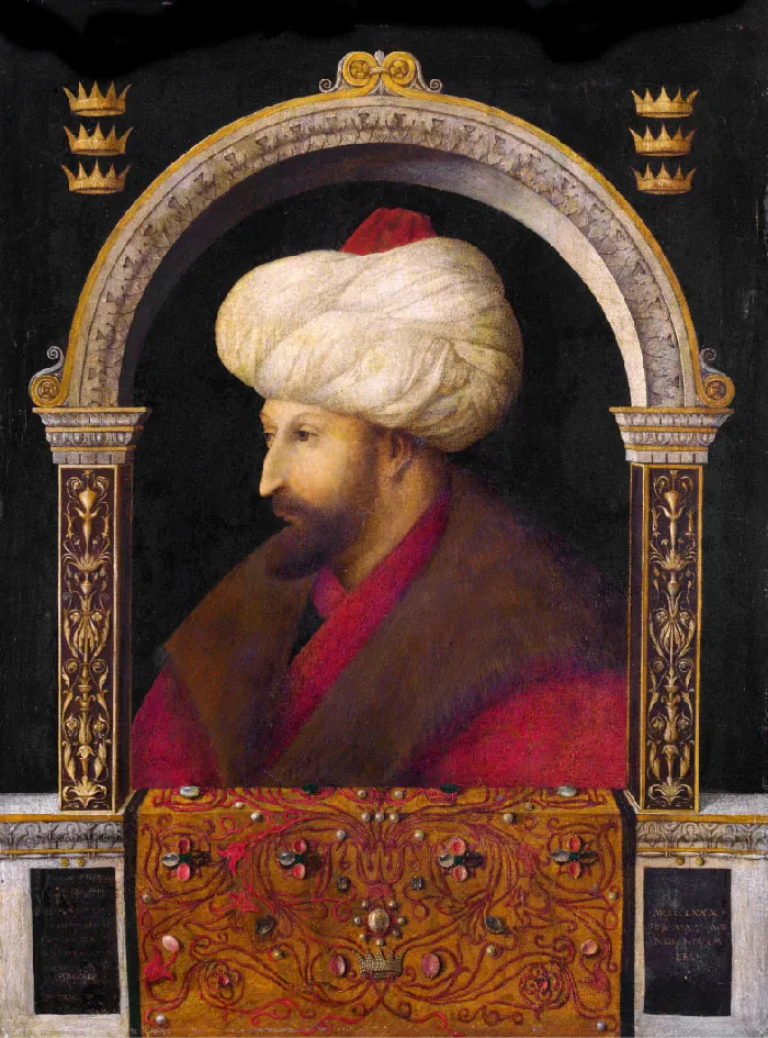 A painting of the top half of a man on a dark black background is shown. He wears a gold tinted white turban on his head with a red top, has a long pointy nose, brown beard, pale skin, and wears a red and black robe and brown furry wrap. He is shown behind a gray half wall with dark gray and gold designs across the top front. An orange drape hangs over the middle of the half wall decorated with red lines, jewels, and a sparkly crown ornament in the middle. An arch comes out of the half wall with a black and gold intricately decorated bottom and a gray and gold top, with etchings and gold adornments at the top. Three five point crowns are drawn on the back background on each side of the decorated arch.