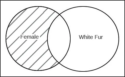 This is a Venn diagram, two overlapping circles inside a rectangle. The left circle is labeled Female. The right circle is labeled White Fur. The section of the left Female circle that lies outside the White Fur circle is shaded.