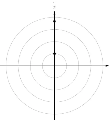 On the polar coordinate plane, a ray is drawn from the origin marking π/2 and a point is drawn when this line crosses the circle with radius 1.