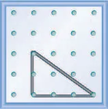 The figure shows a grid of evenly spaced pegs. There are 5 columns and 5 rows of pegs. A rubber band is stretched between the peg in column 2, row 3, the peg in column 2, row 5 and the peg in column 3, row 5, forming a right triangle. The 2, 5 peg forms the vertex of the 90 degree angle and the line from the 2, 3 peg to the 3, 5 peg forms the hypotenuse of the triangle.