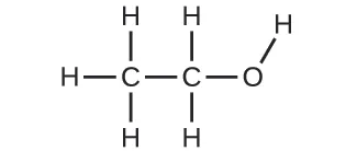 Se muestra una estructura de Lewis. Un átomo de oxígeno está enlazado a un átomo de hidrógeno y a un átomo de carbono. El átomo de carbono está enlazado a dos átomos de hidrógeno y a otro átomo de carbono. Ese átomo de carbono está enlazado a otros tres átomos de hidrógeno. Hay un total de dos átomos de carbono, seis de hidrógeno y uno de oxígeno.