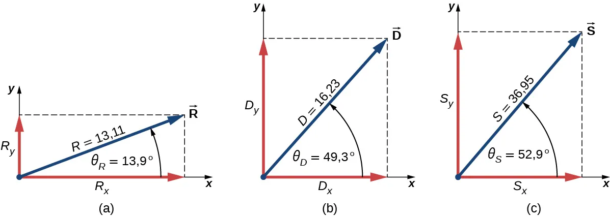 El vector R tiene una magnitud de 13,11. El ángulo entre R y la dirección de la x positiva es theta sub R igual a 13,9 grados. Los componentes de R son R sub x en el eje de la x y R sub y en el eje de la y. El vector D tiene una magnitud de 16,23. El ángulo entre D y la dirección de la x positiva es theta sub D igual a 49,3 grados. Los componentes de D son D sub x en el eje de la x y D sub y en el eje de la y. El vector S tiene una magnitud de 36,95. El ángulo entre S y la dirección de la x positiva es theta sub S igual a 52,9 grados. Los componentes de S son S sub x en el eje de la x y S sub y en el eje de la y.