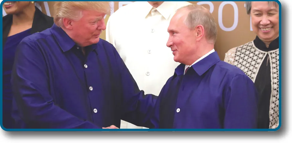 An image of Donald Trump and Vladimir Putin shaking hands.