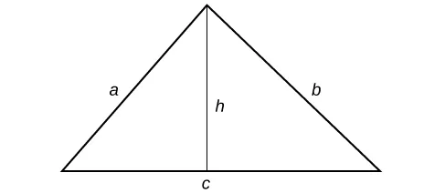 A triangle with sides labeled: a, b and c.  A line runs through the center of the triangle, bisecting the top angle; this line is labeled: h.