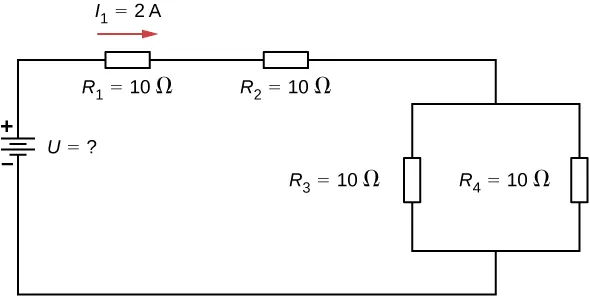 Rysunek przedstawia obwód z czterema opornikami i źródłem napięcia. Terminal dodatni źródła jest połączony z opornikiem R ze znakiem 1 o wartości 10 Ω i prawym l ze znakiem 1 o wartości 2 A połączonymi szeregowo z opornikiem R ze znakiem 2 o wartości 10 Ω połączonym szeregowo do dwóch równoległych oporników R ze znakiem 3 równym 10 Ω i R ze znakiem 4 równym 10 Ω. 
