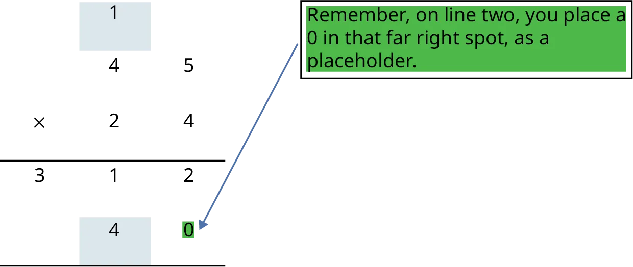 An equation, 45 times 24. Above the 4 in 45 is the carried 1. Below the equation are 312 and 40. A callout pointing to the 0 in 40 reads, Remember, on line two, you place a 0 in that far right spot, as a placeholder.