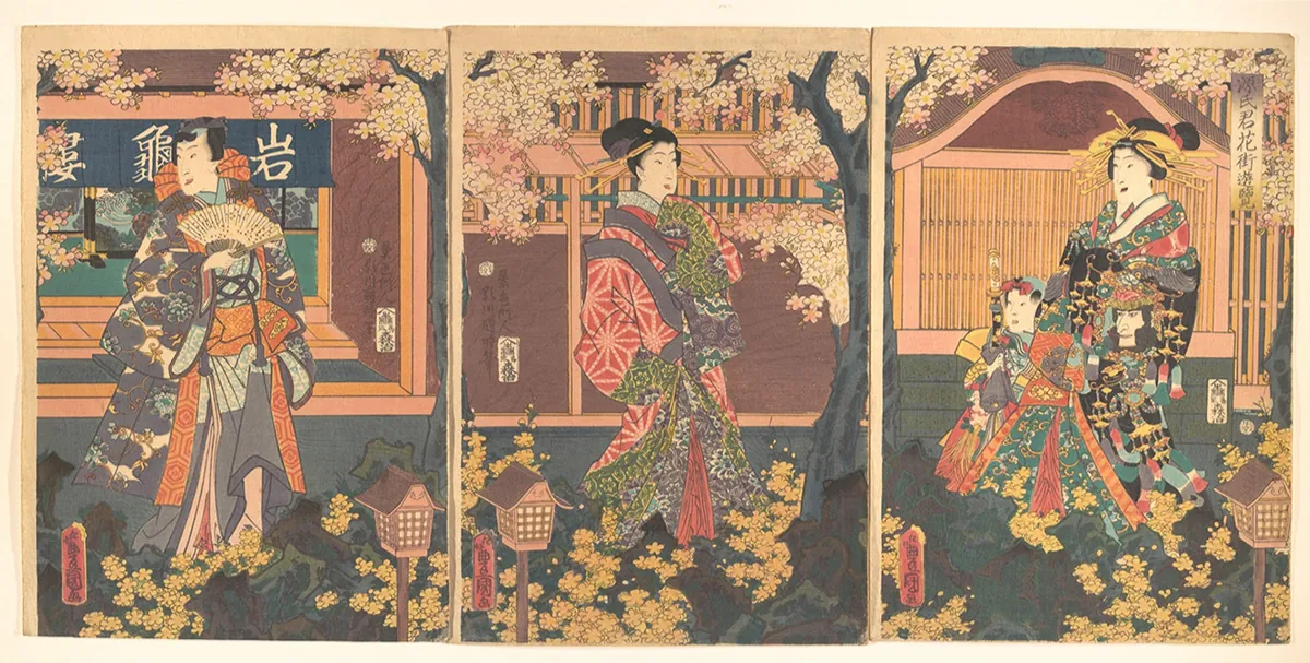 An image in three panels is shown. In the first panel, a woman with a long face, black hair and highly ornate gray, yellow, blue, and orange robes is facing to the left and walking to the right with a yellow fan in her right hand. A dark tree with pale yellow flowers is seen at the right and more tree flowers at the top left. A multi-colored house is seen in the background with white Asian script written on a blue shade at the top of the open wall. Across the bottom are more pale yellow flowers and a small, grated house on a stick with a flared roof in the bottom right. A red oval with Asian script is seen in the bottom left. In the middle panel, a pale woman with sticks in her black hair is walking to the right in a multicolored ornate robe. The same trees and flowers are seen as in the previous panel, but the little house on a stick is in the left corner. The building behind her shows a brown wall with vertical slats at the top. The last panel shows a woman facing to the left in a very ornately decorated robe in a multitude of colors with an elaborate gold headdress with multiple projections on each side. At either side by her waist a head is seen among the clothes. The far face is pale with objects in the hair while the face in front has black curly hair and a long, pointed nose. The building behind her is brown slatted with a brown round dome at the top. The same flowery trees are on both sides and the little house on a stick is at the bottom right.