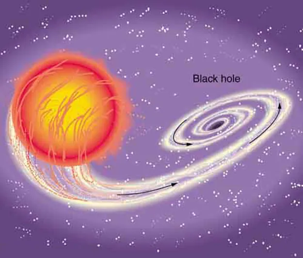 The figure shows a star in sky near a black hole. The tidal force of the black hole is tearing the matter from the star's surface. 