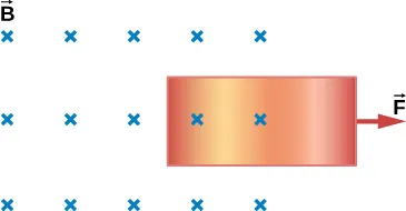 La figura muestra una lámina de cobre arrastrada hacia la derecha a través del campo magnético perpendicular uniforme con la fuerza F.
