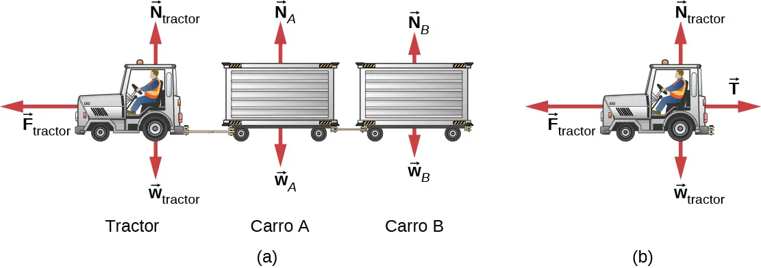 La Figura (a) muestra un tractor de equipaje que conduce hacia la izquierda y hala dos carros portaequipajes. Se muestran las fuerzas externas sobre el sistema. Las fuerzas sobre el tractor son F sub tractor, horizontalmente hacia la izquierda, N sub tractor verticalmente hacia arriba, y w sub tractor verticalmente hacia abajo. Las fuerzas sobre el carro inmediatamente detrás del tractor, el carro A, son N sub A verticalmente hacia arriba, y w sub A verticalmente hacia abajo. Las fuerzas sobre el carro B, el que está detrás del carro A, son N sub B verticalmente hacia arriba, y w sub B verticalmente hacia abajo. La Figura (b) muestra el diagrama de cuerpo libre del tractor, compuesto por F sub tractor, horizontalmente hacia la izquierda, N sub tractor, verticalmente hacia arriba, w sub tractor, verticalmente hacia abajo, y T, horizontalmente hacia la derecha.