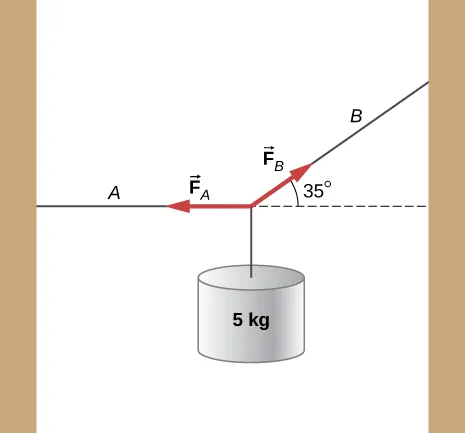 Una cuerda se apoya en ambos extremos. El soporte izquierdo es más bajo que el derecho. Una masa de 5 kg está suspendida de su centro. El tramo de cuerda que va desde el soporte izquierdo hasta el centro es horizontal y está identificado como A. El tramo de cuerda que va desde el soporte derecho hasta el centro está identificado como B. Se forma un ángulo de 35 grados con la horizontal. Las flechas identificadas como F subíndice A y F subíndice B se originan en el centro de la cuerda y señalan a lo largo de esta hacia el soporte izquierdo y el soporte derecho respectivamente.