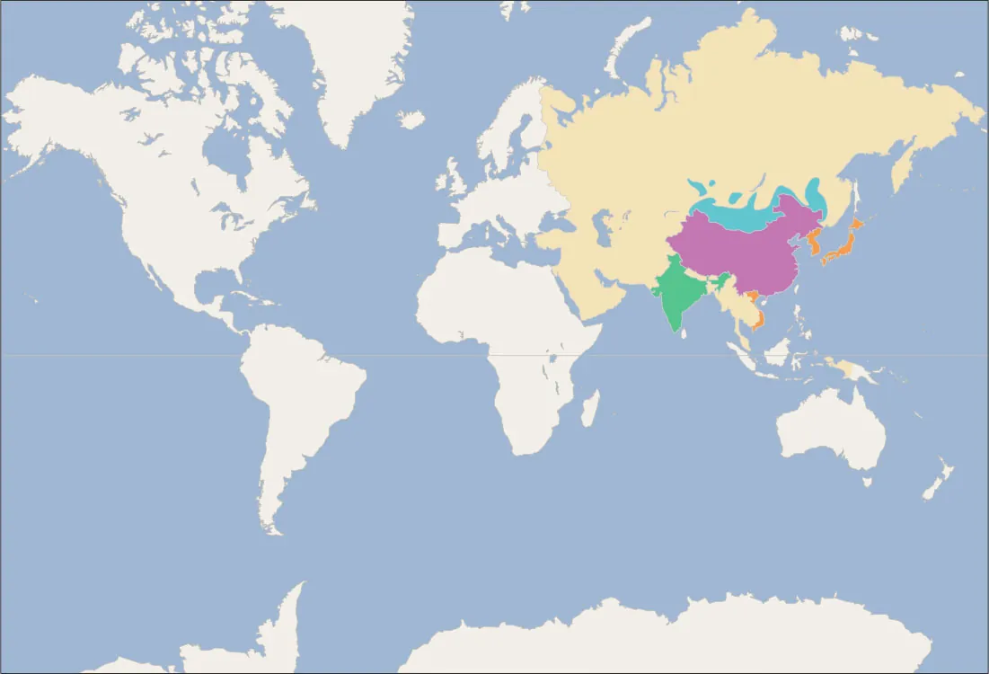 A map of the world  is shown, land highlighted in white and water in blue.  A white line runs through the middle of the map. China is highlighted purple, India green, and Japan, Korea and Vietnam orange. The Middle east countries are pale yellow as well as the rest of Asia. The eastern steppe above China is colored blue.