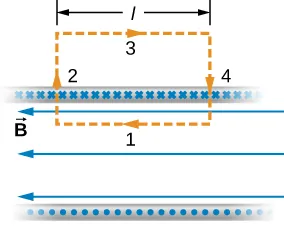 La figura muestra la trayectoria rectangular cerrada y el solenoide infinito. El segmento 1 está dentro del solenoide y es paralelo a la trayectoria. Los segmentos 2 y 4 son perpendiculares a la trayectoria. El segmento 3 está fuera del solenoide.