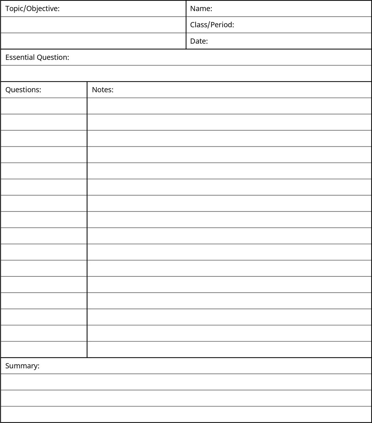 A sample of the Cornell note template has rows and columns for “Topic/Objective,” “Name,” “Class/Period,” “Date,” “Essential Question,” “Questions,” “Notes,” and “Summary.”