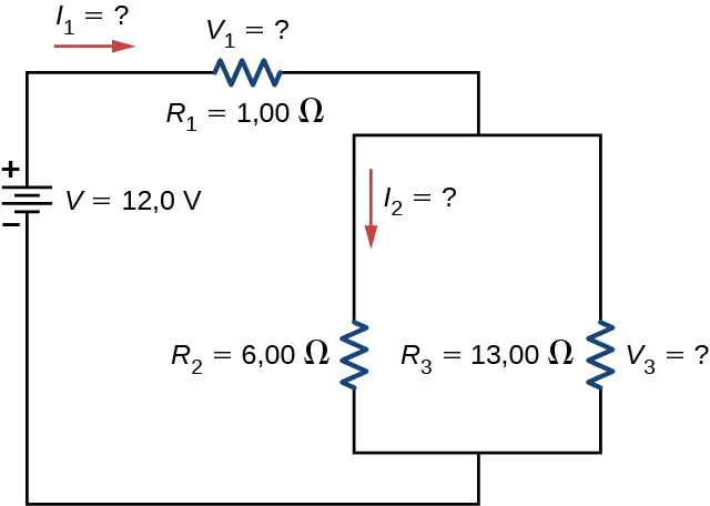 La figura muestra un circuito con tres resistores y una fuente de voltaje. El terminal positivo de la fuente de voltaje de 12 V se conecta a R subíndice 1 de 1 Ω con corriente izquierda I subíndice 1 conectada a dos resistores paralelos R subíndice 2 de 6 Ω con corriente descendente I subíndice 2 y R subíndice 3 de 13 Ω
