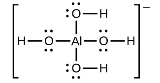 Un átomo de H está unido a un átomo de O. El átomo de O tiene 2 puntos por encima y 2 puntos por debajo. El átomo de O está unido a un átomo de A l, el cual tiene otros tres átomos de O adicionales unidos. Cada uno de estos átomos de O adicionales tiene 4 puntos dispuestos a su alrededor, y está unido a un átomo de H. Toda esta molécula está contenida entre corchetes, a cuya derecha hay un signo negativo en superíndice.