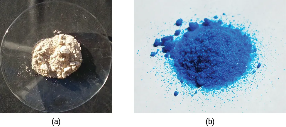 Se muestran dos fotos. La foto a de la izquierda muestra un pequeño montículo de un polvo cristalino blanco sobre un vidrio de reloj. La foto b muestra un pequeño montículo de un polvo cristalino de color azul brillante.