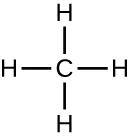 Methane is drawn with a C in the center. Four lines project from the C in 4 different directions, there is an H at the end of each line.