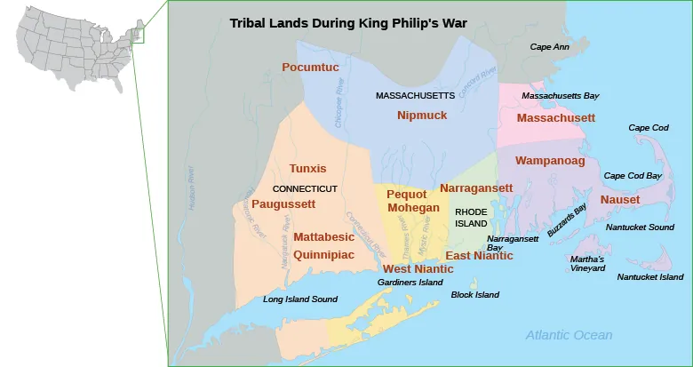 This is a map of New England indicating the domains of New England’s native inhabitants, including the Pequot, Narragansett, Mohegan, and Wampanoag, in 1670.