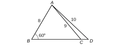 Un triángulo dentro de un triángulo. El triángulo exterior está formado por los vértices A, B y D. El lado B D es la base. El triángulo interior comparte los vértices A y B. El último vértice C está situado en el lado de la base del triángulo exterior entre los vértices B y D. El ángulo B es de 60 grados, el lado A D es 10 y el lado A C es 9. 