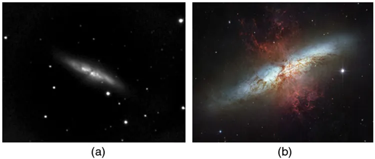 Two pictures of the same galaxy taken by different telescopes are shown side by side. Photo a was taken with a ground-based telescope. It is quite blurry and black and white. Photo b was taken with the Hubble Space Telescope. It shows much more detail, including what looks like a gas cloud in front of the galaxy, and is in color.