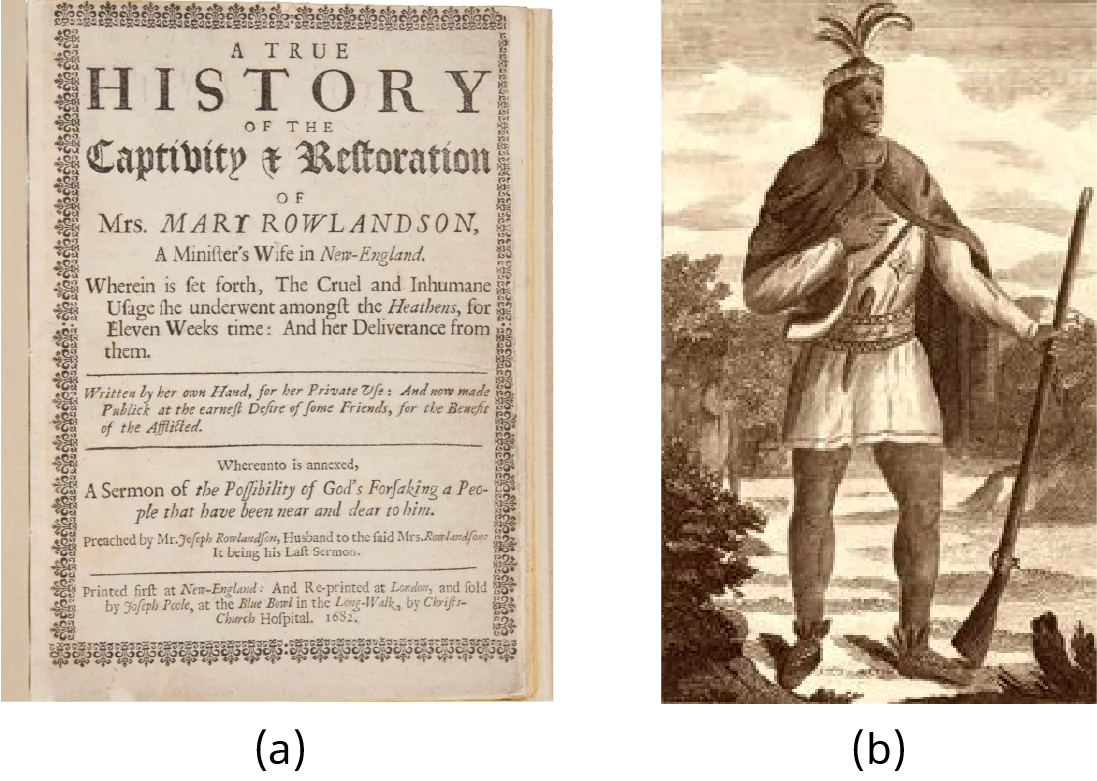 Image (a) shows the front cover of Mary Rowlandson’s captivity narrative, including the subtitle “Wherein is set forth, The Cruel and Inhumane Usage she underwent amongst the Heathens, for Eleven Weeks time: And her Deliverance from them.” Image (b) is a portrait of Metacom (King Philip), who wears a headband with four feathers and a cloak and carries a long gun or musket.