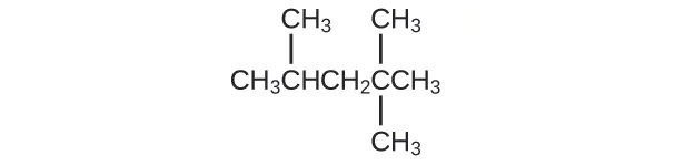 La estructura molecular que se muestra de los hidrocarburos comprende C H subíndice 3 C H C H subíndice 2 C C H subíndice 3. Hay un grupo C H subíndice 3 enlazado al segundo átomo de C de la cadena (de izquierda a derecha). Hay dos grupos C H subíndice 3 enlazados por encima y por debajo del cuarto átomo de C de la cadena.