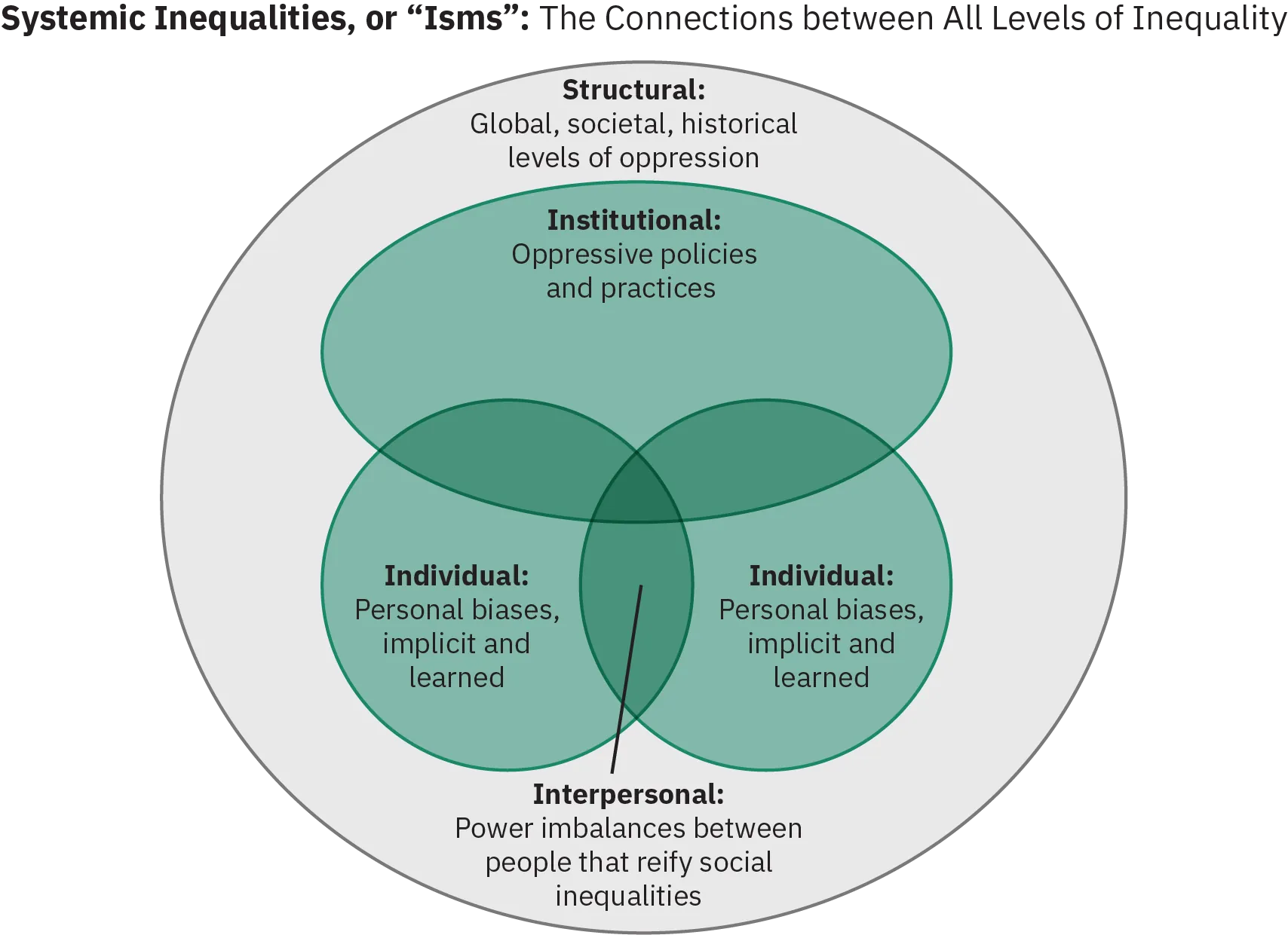 Diagram consisting of the following elements: 1) Two interior, overlapping circles, each labelled “Individual” and containing the text “personal biases/implicit and learned”; 2) The space where the two “Individual” circles overlap, labeled “Interpersonal” and containing the text “Power imbalances between people that reify social inequalities”; 3) An oval partially overlapping the Individual circles labelled “Institutional” and containing the text “Oppressive policies and practices”; 4) A circle encompassing all other elements and labelled with the text “Structural: Global, societal, historical levels of oppression”; 5) A label above the large circle reading “Systemic Inequalities: Systemic “isms” - the connection between all levels of inequality.”