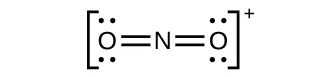 Esta estructura de Lewis muestra un átomo de nitrógeno doblemente enlazado por ambos lados con un átomo de oxígeno que tiene dos pares solitarios de electrones cada uno. La estructura está rodeada de corchetes y fuera y en superíndice a los corchetes hay un signo negativo.