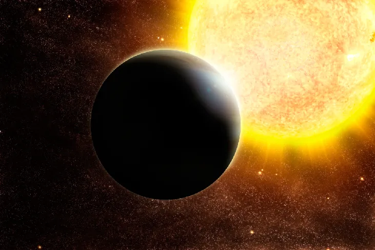 Hot Jupiter. An artist’s impression of a hot Jupiter-type planet on the right and in the foreground, and a large bright sun to the left and in the background.