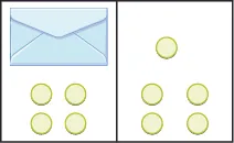 The image is divided in half vertically. On the left side is an envelope with 4 counters below it. On the right side is 5 counters.