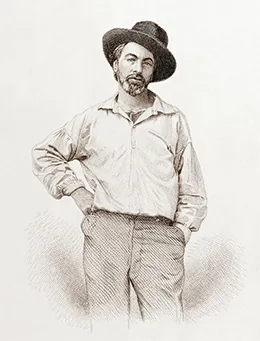 An engraving shows Walt Whitman in a casual, relaxed pose, with one hand on his hip and the other in his pocket. He wears a loose shirt, trousers, and a hat that sits crookedly on his head.