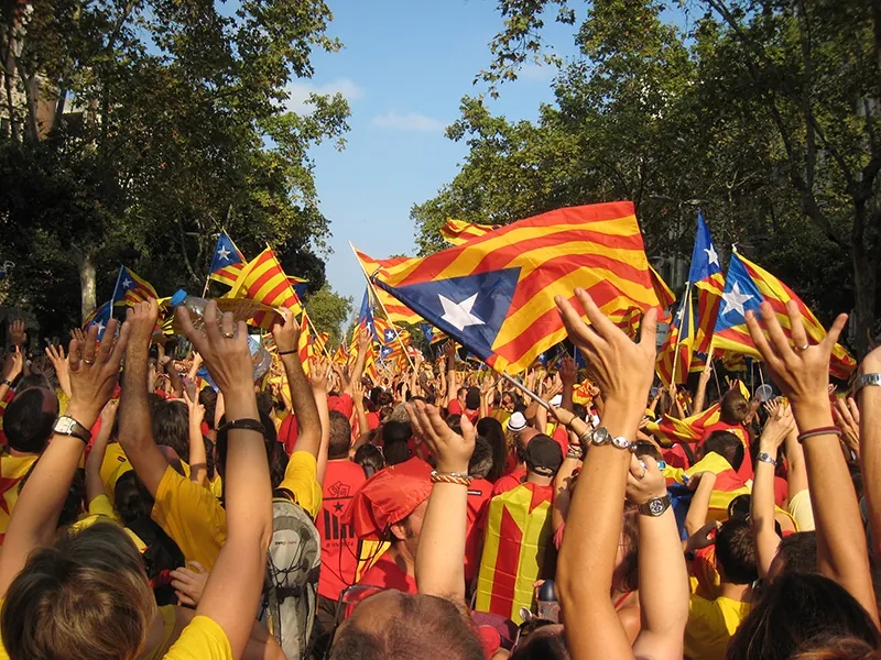 A large mass of people fill a tree-lined street, their arms raised, many waving Catalan flags.