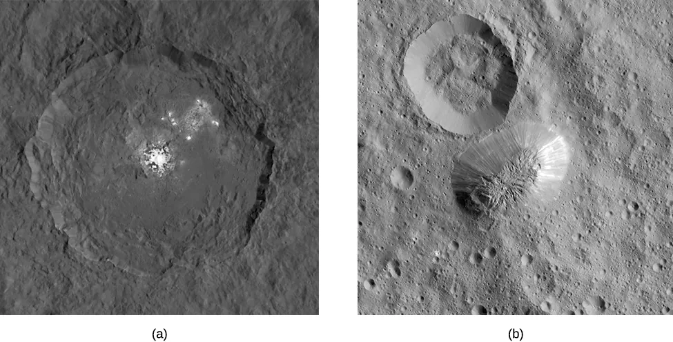 Occator Crater. In this view, looking directly down on Occator, bright features are seen on the floor of the crater at center and in the upper right.